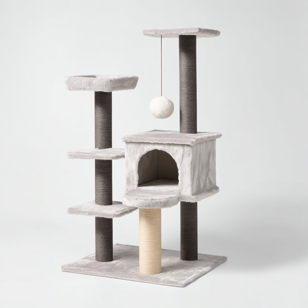 Kratzbäume & Katzenmöbel - Sisal-Plüsch-Holzwerkstoff - 96x58x168 cm - Weiß-Grau-Natur - elegant funktional