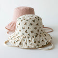 Babymützen-Baumwolle-27x25x15 cm-Creme-Rosa-Braun-Grün-Blumen-Print 2er-Set mit Kinnband