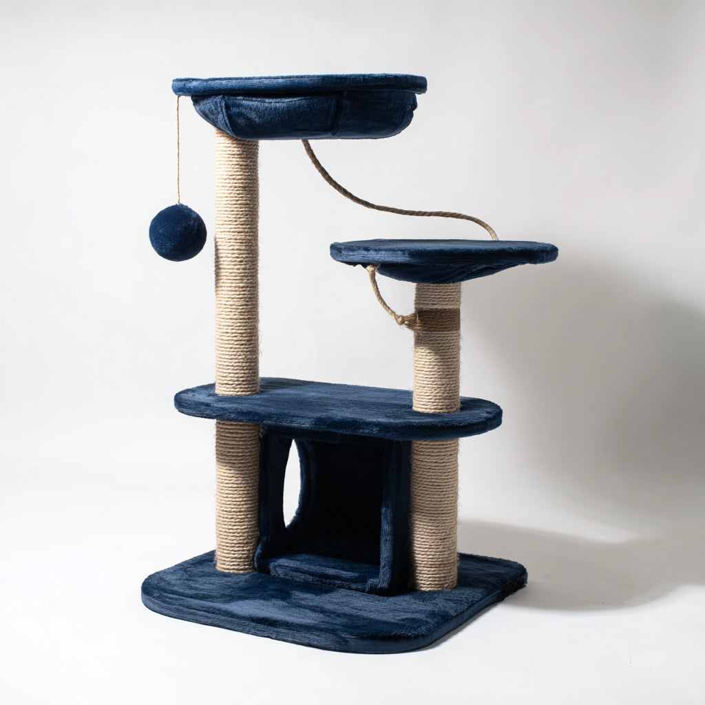 Kratzbäume & Katzenmöbel - Sisal-Plüsch-Holzwerkstoff - 86x52x138 cm - Dunkelblau-Natur - modern komfortabel
