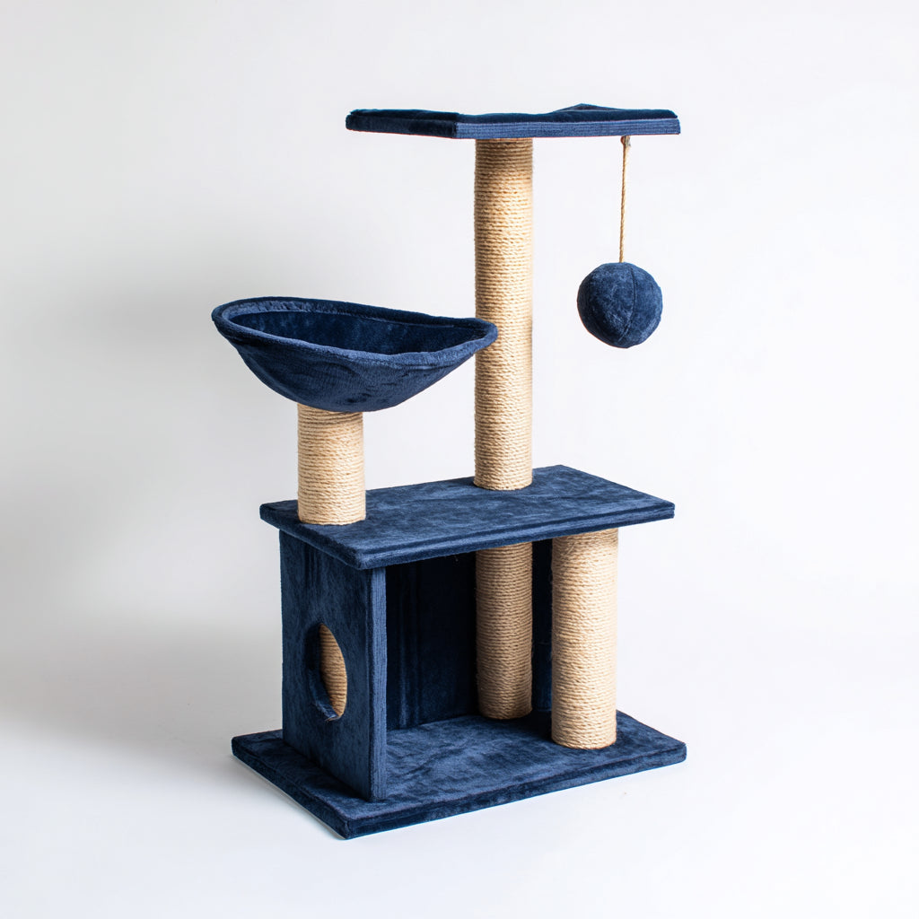 Kratzbäume & Katzenmöbel - Sisal-Plüsch-Holzwerkstoff - 72x48x128 cm - Dunkelblau-Natur - kompakt wohnlich