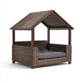 Hundehütten & Hundekäfige-Polyrattan-Holz-Textil-95 x 75 x 90 cm-Braun-Grau-Naturstil Pavillon Hundebett mit Dach
