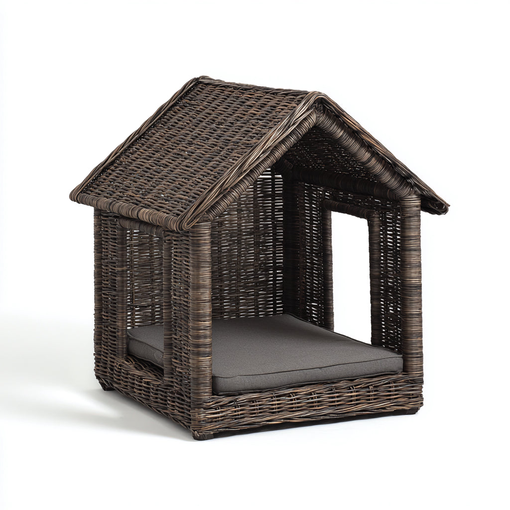 Hundehütten & Hundekäfige-Polyrattan-Textil-78 x 68 x 82 cm-Dunkelbraun-Grau-Hausform mit Polster