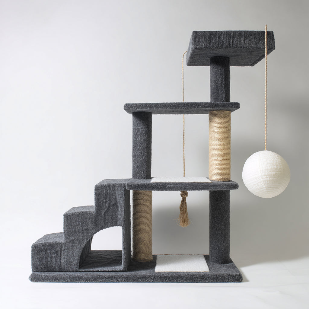 Kratzbäume & Katzenmöbel - Sisal-Plüsch-Holzwerkstoff - 96x48x150 cm - Grau-Natur-Weiß - modern kompakt
