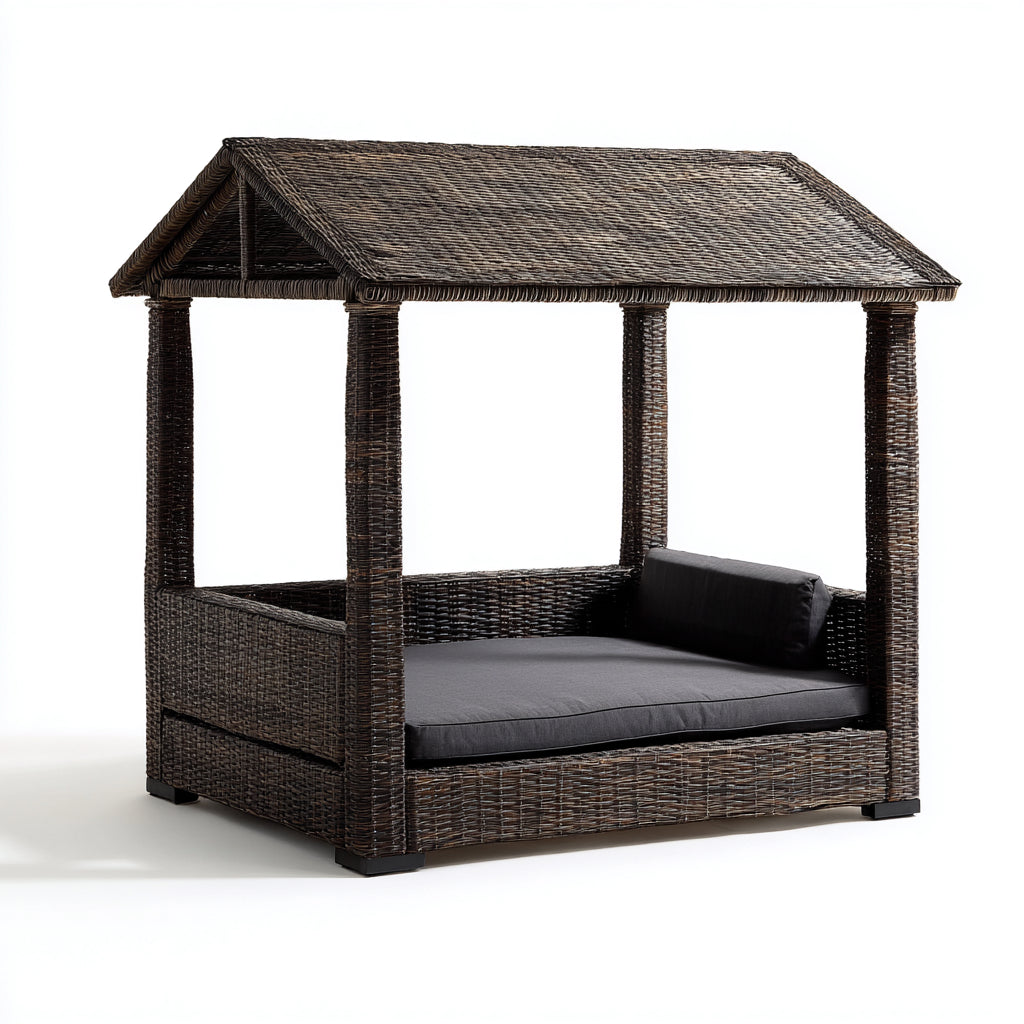 Hundehütten & Hundekäfige-Polyrattan-Holz-Textil-100 x 80 x 95 cm-Dunkelbraun-Grau-Naturstil Pavillon Hundebett mit Dach