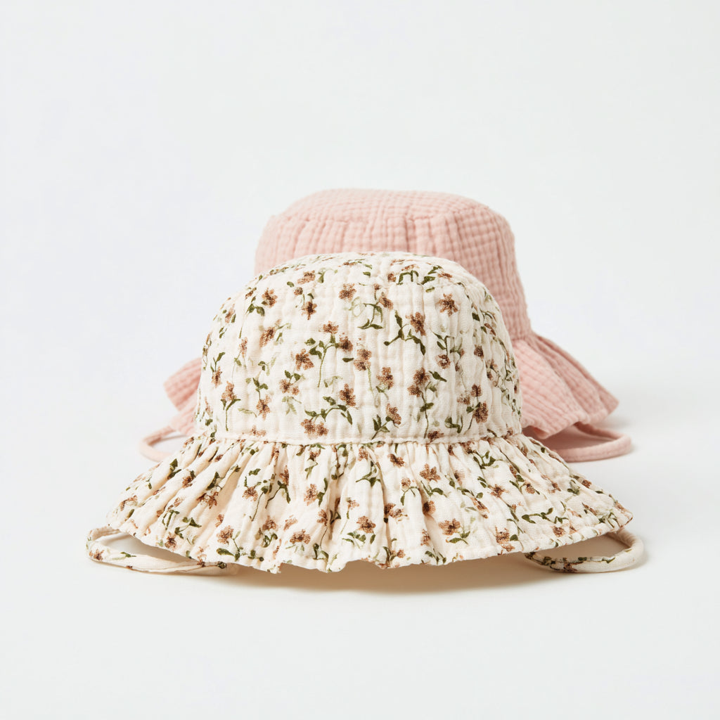 Babymützen-Baumwolle-29x26x15 cm-Creme-Rosa-Braun-Grün-Blumen-Print 2er-Set mit Kinnband