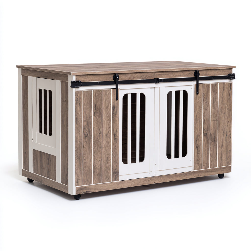 Hundehütten & Hundekäfige-Holz-Metall-120 x 60 x 75 cm-Braun-Weiß-Naturholz-Schwarz-Funktionaler Möbelstil Hundekäfig