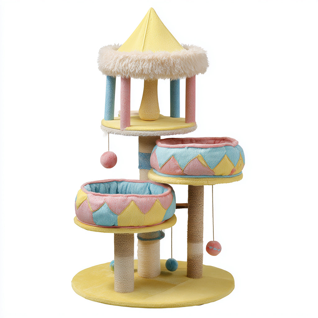 Kratzbäume & Katzenmöbel - Sisal-Plüsch-Holzwerkstoff - 92x68x178 cm - Gelb-Rosa-Blau-Natur - pastell verspielt