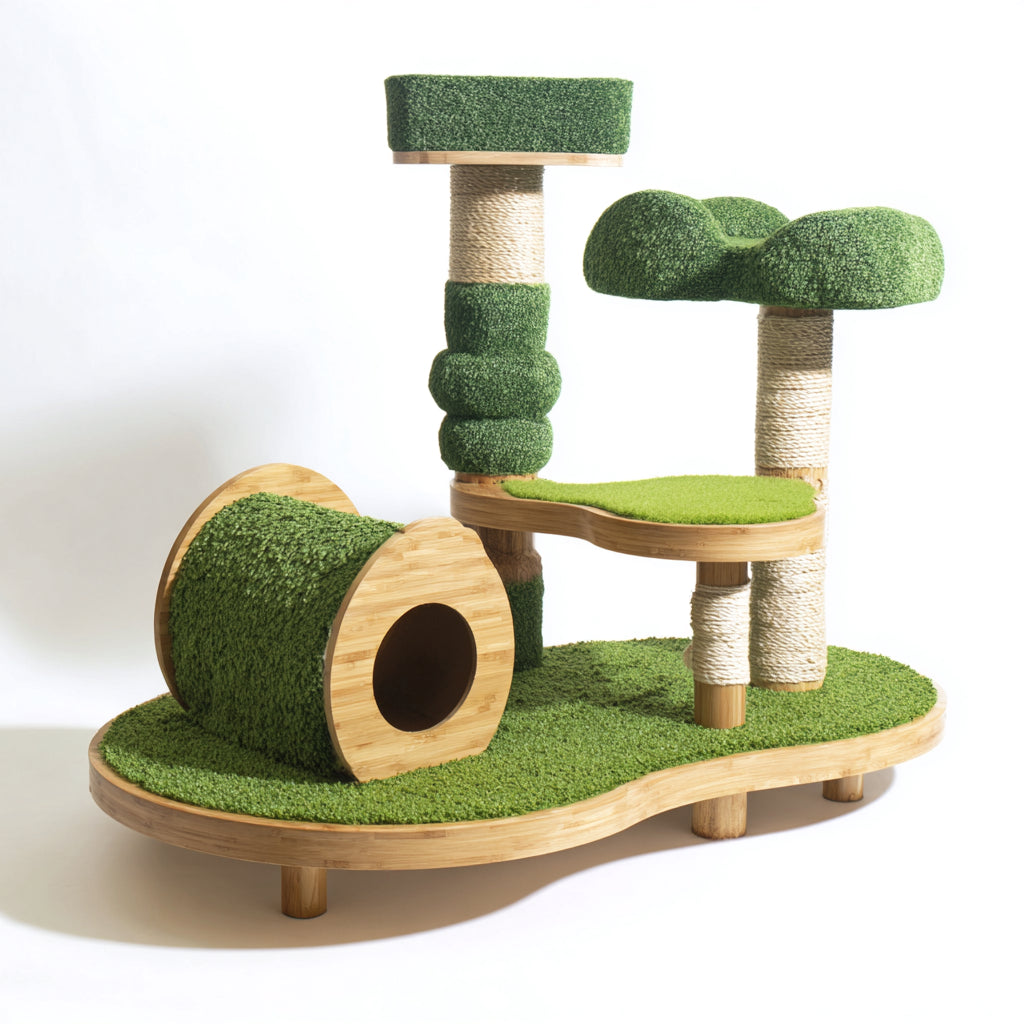 Kratzbäume & Katzenmöbel - Bambus-Sisal-Plüsch - 120x72x128 cm - Grün-Natur - natürlich modern