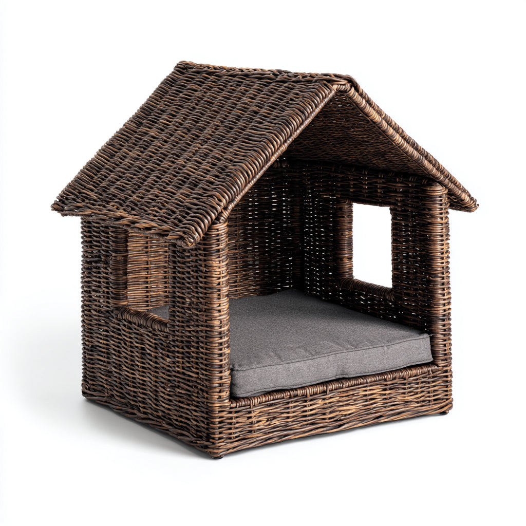 Hundehütten & Hundekäfige-Polyrattan-Textil-75 x 65 x 80 cm-Dunkelbraun-Grau-Hausform mit Polster