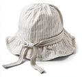 Babymützen-Baumwolle-28x26x15 cm-Beige-Grau-Weiß-gestreift mit Bindeband