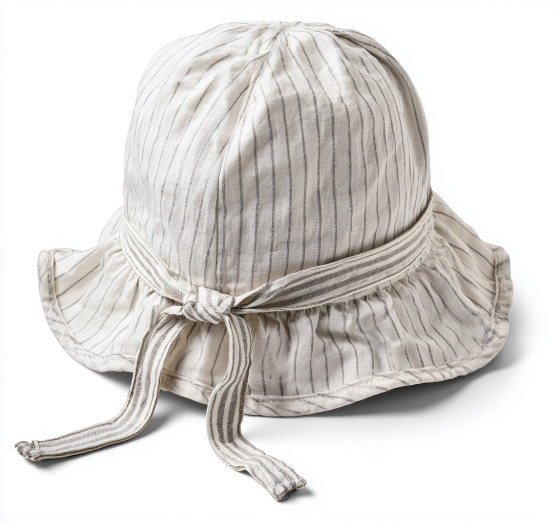 Babymützen-Baumwolle-28x26x15 cm-Beige-Grau-Weiß-gestreift mit Bindeband